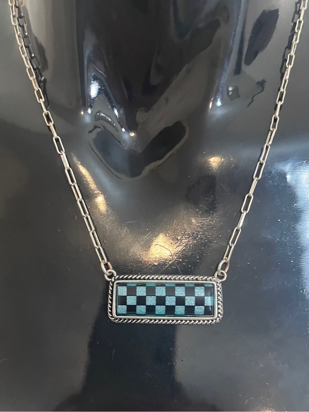 Western Faux Stone Checkered Bar Necklace Sparkle Paperclip